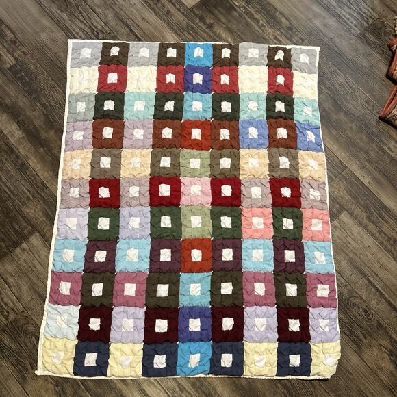 Biscuit Puff Quilt Handmade Unisex Crib Lap Blanket 51x30 Velour Multicolor Dark
